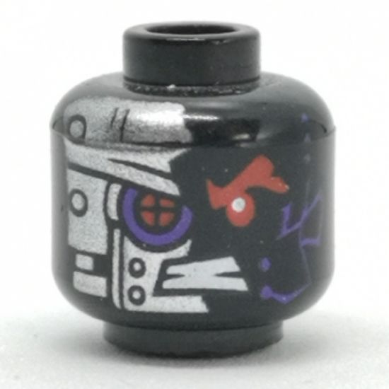 Minifigure, Head Alien with Mechanical Right Eye Red, Silver Plates with 4 Rivets on Front and Back Pattern - Hollow Stud