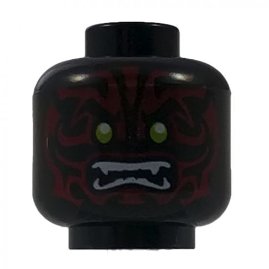 Minifigure, Head Alien with Lime Eyes, White Fangs and Dark Red Face Decorations Pattern - Hollow Stud