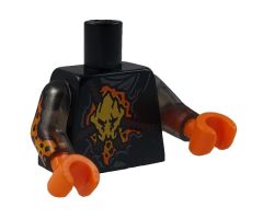 Torso Ninjago Robe with Brown Rope, Gold Medallion and Lava Pattern / Trans-Black Arms with Orange and Yellow Flames Pattern / Orange Hands