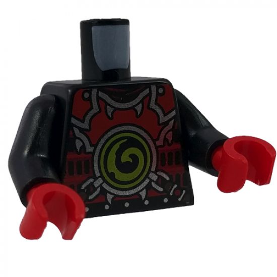 Torso Ninjago Red Armor with Lime Swirl Medallion Front, Belts on Back Pattern / Black Arms / Red Hands