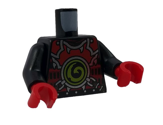 Torso Ninjago Red Armor with Lime Swirl Medallion Front, Belts on Back Pattern / Black Arms / Red Hands