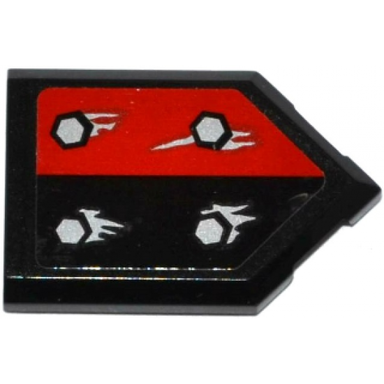 Tile, Modified 2 x 3 Pentagonal with 4 Silver Bolts and Corrosion on Black / Red Halves Pattern (Sticker) - Set 70316