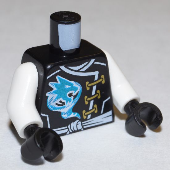 Torso Ninjago Robe with Gold Clasps, Zane Power Symbol, White Sash and Emblem and Wings on Back Pattern / White Arms / Black Hands