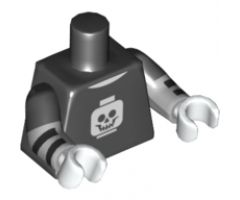 Torso T-Shirt with White Minifigure Head Skull Pattern / Light Bluish Gray Arms with Black Short Sleeves and Stripes Pattern / White Hands