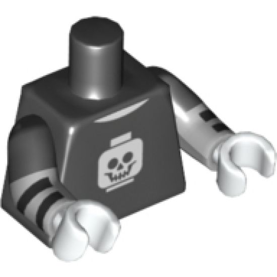Torso T-Shirt with White Minifigure Head Skull Pattern / Light Bluish Gray Arms with Black Short Sleeves and Stripes Pattern / White Hands