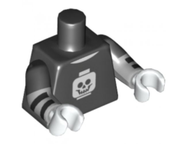 Torso T-Shirt with White Minifigure Head Skull Pattern / Light Bluish Gray Arms with Black Short Sleeves and Stripes Pattern / White Hands