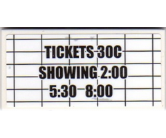 Tile 2 x 4 with 'TICKETS 30C SHOWING 2:00 5:30 8:00' on Black Grid Pattern (Sticker) - Set 10232