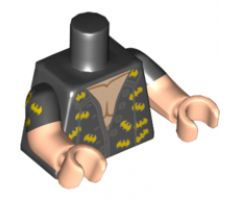 Torso Batman Open Shirt with Dark Bluish Gray Buttons, Trim and Yellow Bats Pattern / Light Nougat Arms with Black Short Sleeves / Light Nougat Hands