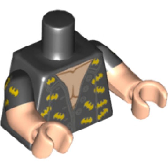 Torso Batman Open Shirt with Dark Bluish Gray Buttons, Trim and Yellow Bats Pattern / Light Nougat Arms with Black Short Sleeves / Light Nougat Hands
