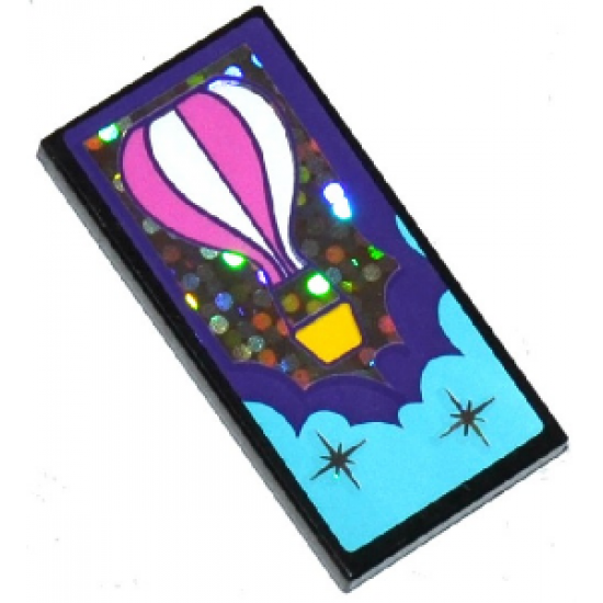 Tile 2 x 4 with Hot Air Balloon, Stars and Dark Purple and Medium Azure Clouds Pattern (Sticker) - Set 41130
