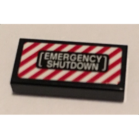 Tile 1 x 2 with 'EMERGENCY SHUTDOWN' over Red and White Danger Stripes Pattern (Sticker) - Set 70909