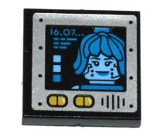 Tile 2 x 2 with '16.07...' and Dark Azure Female Minifigure Head on Screen, Speaker Grille and Yellow Buttons Pattern (Sticker) - Set 70588
