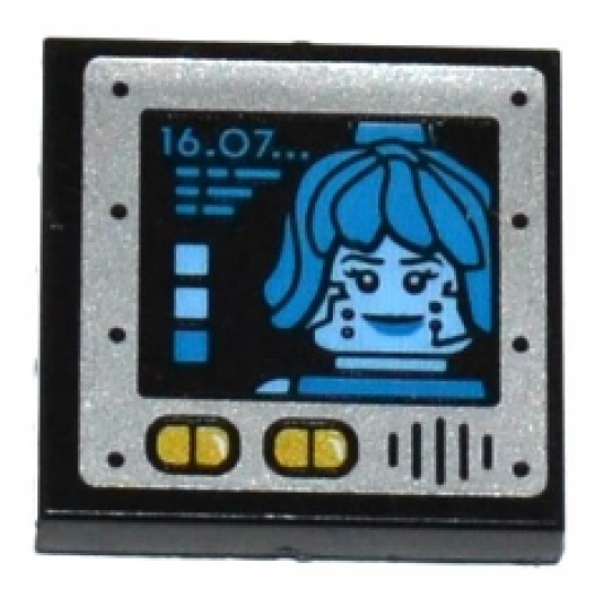 Tile 2 x 2 with '16.07...' and Dark Azure Female Minifigure Head on Screen, Speaker Grille and Yellow Buttons Pattern (Sticker) - Set 70588