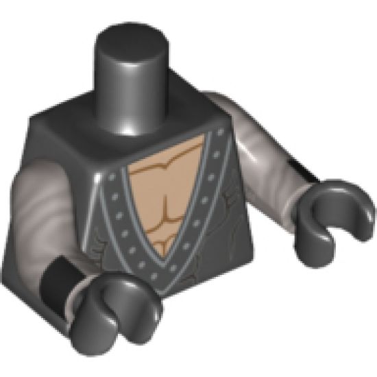Torso Batman Muscles Outline, V-Neck with Silver Rivets Pattern / Flat Silver Arms with Black Cuffs Pattern / Black Hands