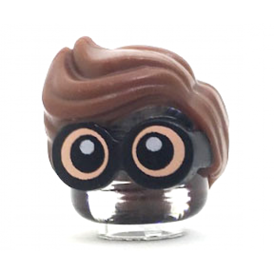 Minifigure, Hair Combo, Large Thick Glasses with Reddish Brown Hair, Parted and Wavy with Light Nougat Skin and White Pupils Pattern