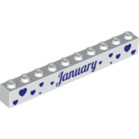 Brick 1 x 10 with Dark Purple 'January' and 'February' Pattern on Opposite Sides