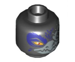 Minifigure, Head Dual Sided Alien Chima Raven with Silver Beak, Eyepatch and Dark Purple Feathers, Wide Eye / Narrow Eye Pattern (Rizzo) - Hollow Stud