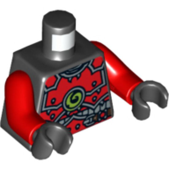 Torso Ninjago Red Armor and Silver Belt with Lime Swirl Medallion Pattern / Red Arms / Black Hands