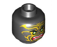 Minifigure, Head Alien with Lime Eyes, White Fangs, Yellow Face Decorations and Red Mouth Pattern - Hollow Stud
