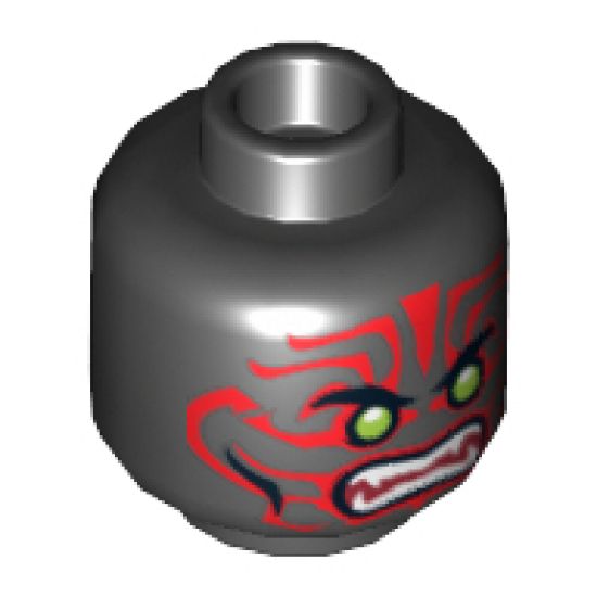 Minifigure, Head Alien with Lime Eyes, White Fangs, Red Face Decorations and Dark Red Mouth Pattern - Hollow Stud