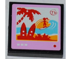 Tile 2 x 2 with 'TV' and Surfer and Palm Tree on Screen Pattern (Sticker) - Set 3184