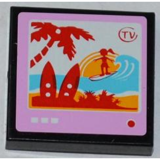 Tile 2 x 2 with 'TV' and Surfer and Palm Tree on Screen Pattern (Sticker) - Set 3184