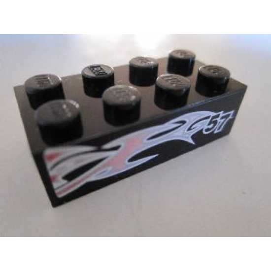 Brick 2 x 4 with Silver and Pink Flames and '57' on Black Background Pattern Model Left Side (Sticker) - Set 8495