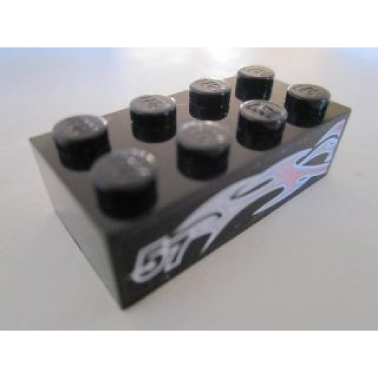 Brick 2 x 4 with Silver and Pink Flames and '57' on Black Background Pattern Model Right Side (Sticker) - Set 8495