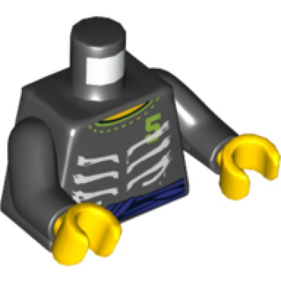 Torso Ninjago Skeleton Ribs White, Purple Waist Sash and Number 5 Pattern / Black Arms / Yellow Hands