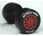 Duplo, Vehicle Wheel Double Assembly with Metal Axle and Red Spokes, 'ROTELLI TIRES' and 'PASTA POTENZA' Pattern