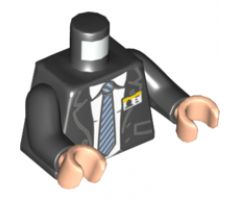 Torso Suit with Pockets and Buttons over White Shirt with Collar and Gray Striped Tie and ID Badge Pattern / Black Arms / Light Nougat Hands