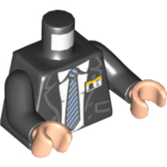 Torso Suit with Pockets and Buttons over White Shirt with Collar and Gray Striped Tie and ID Badge Pattern / Black Arms / Light Nougat Hands