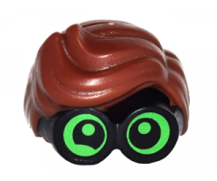 Minifigure, Hair Combo, Large Thick Glasses with Reddish Brown Hair, Parted and Wavy with Bright Green Lenses, Partial Wink on Right Eye Pattern