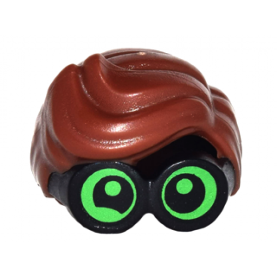 Minifigure, Hair Combo, Large Thick Glasses with Reddish Brown Hair, Parted and Wavy with Bright Green Lenses, Partial Wink on Right Eye Pattern