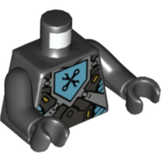 Torso Nexo Knights Armor with Silver Panels and Azure Emblem with Black Crossed Spanner Wrench and Box Wrench Pattern / Black Arms / Black Hands