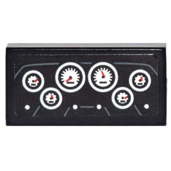 Tile 1 x 2 with Dashboard with 6 Round White Gauges Pattern (Sticker) - Set 76077