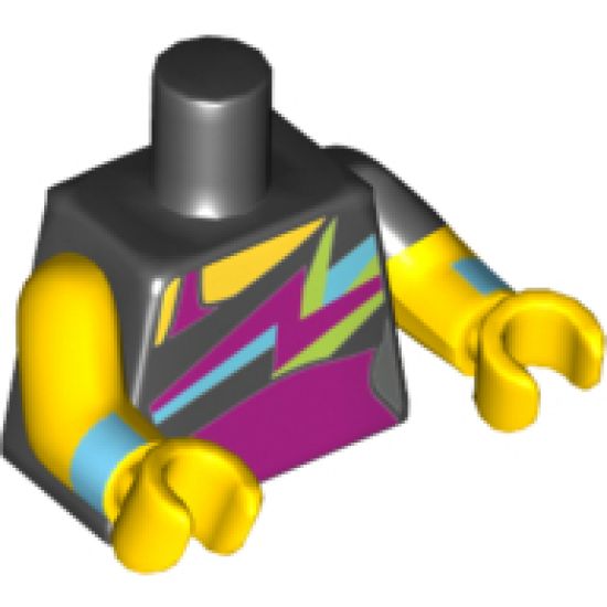 Torso Bare Shoulder Top with Spiky Colors over Magenta Leotard Pattern / Yellow Arms with Wristbands and Black Left Short Sleeve / Yellow Hands