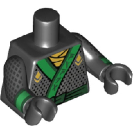 Torso Ninjago Robe with Gold Scarf and Diamonds, Green Sash and Emblem Pattern / Black Arms with Diamonds and Green Cuffs Pattern / Black Hands