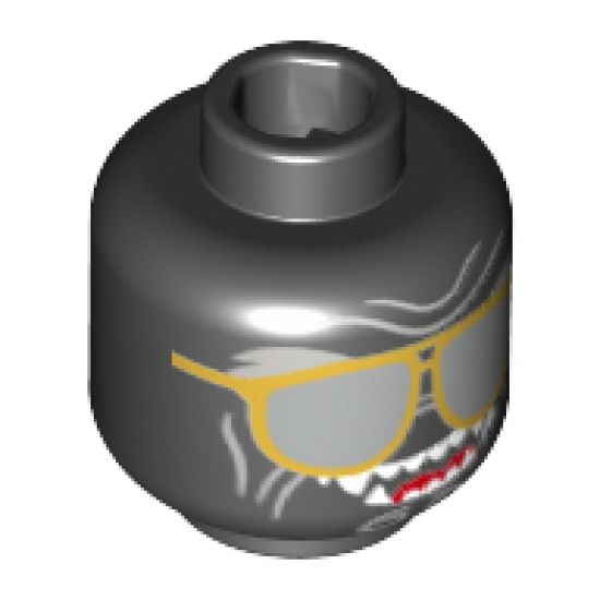 Minifigure, Head Alien with Sunglasses with Gold Frames, Light Bluish Gray Wrinkes, Open Mouth Smile with Fangs Pattern (Garmadon) - Hollow Stud