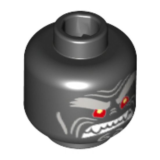 Minifigure, Head Alien with Light Bluish Gray Bushy Eyebrows, Red Eyes and Clenched White Fangs Pattern - Hollow Stud