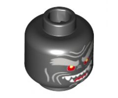 Minifigure, Head Alien with Light Bluish Gray Bushy Eyebrows, Red Eyes, Open Mouth Crooked Smile Left Raised with Fangs Pattern - Hollow Stud