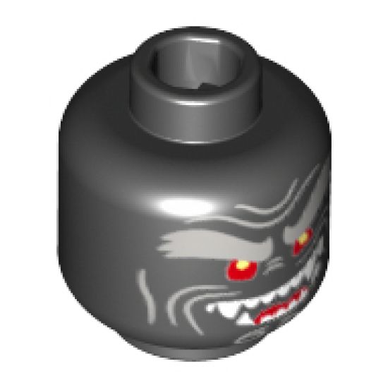 Minifigure, Head Alien with Light Bluish Gray Bushy Eyebrows, Red Eyes, Open Mouth Crooked Smile Left Raised with Fangs Pattern - Hollow Stud