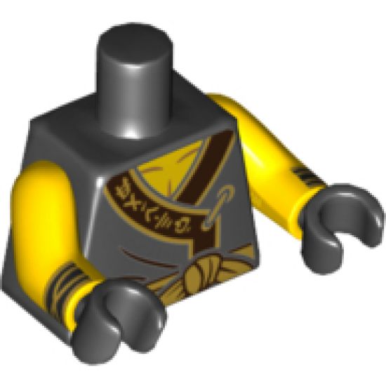Torso Ninjago Robe with Ninjago Logogram 'EARTH', Gold Sash and Medallion Pattern / Yellow Arms with Black Cuffs with Gold Stripes Pattern / Black Hands