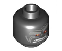 Minifigure, Head Alien with Light Bluish Gray Bushy Eyebrows, Left Raised Eyebrow, Red Eyes and Clenched White Fangs Pattern - Hollow Stud