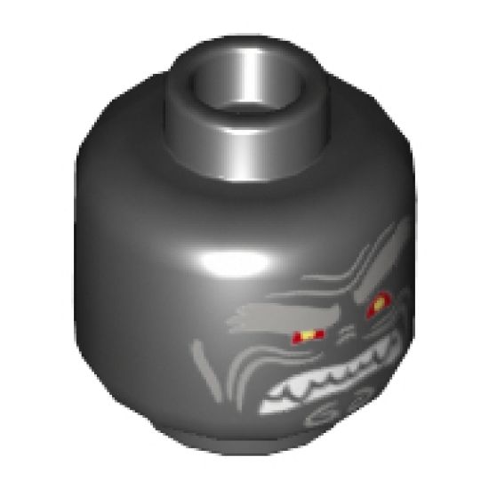 Minifigure, Head Alien with Light Bluish Gray Bushy Eyebrows, Left Raised Eyebrow, Red Eyes and Clenched White Fangs Pattern - Hollow Stud