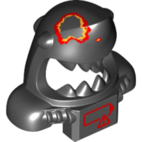 Minifigure, Headgear Mask Shark Head with Open Mouth with Red and Yellow Splotch, Shoulder Pads and Front Panel and Red Low Battery Warning Pattern