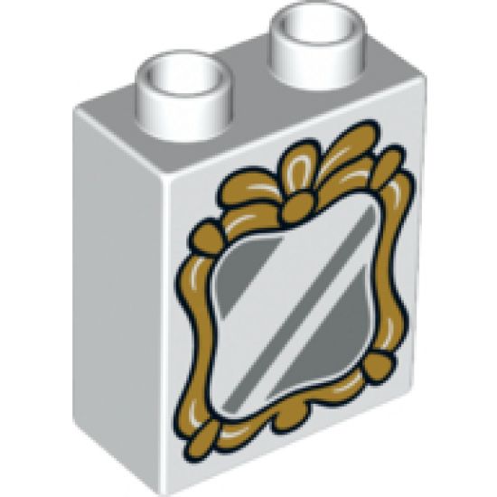 Duplo, Brick 1 x 2 x 2 with Silver Mirror and Gold Frame Pattern