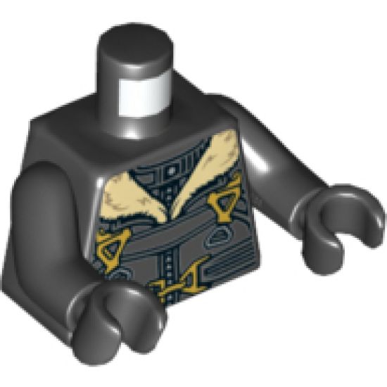 Torso Bomber Jacket with Tan Fur Collar, Straps and Gold Clasps Pattern / Black Arms / Black Hands