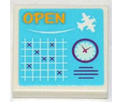 Tile 2 x 2 with 'OPEN', White Seaplane, Schedule Grid and Clock Pattern (Sticker) - Set 3063