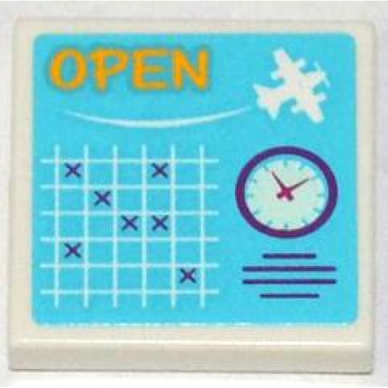 Tile 2 x 2 with 'OPEN', White Seaplane, Schedule Grid and Clock Pattern (Sticker) - Set 3063